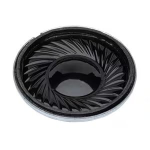 A detailed view of a black speaker diaphragm, highlighting its circular shape and intricate radial pattern.