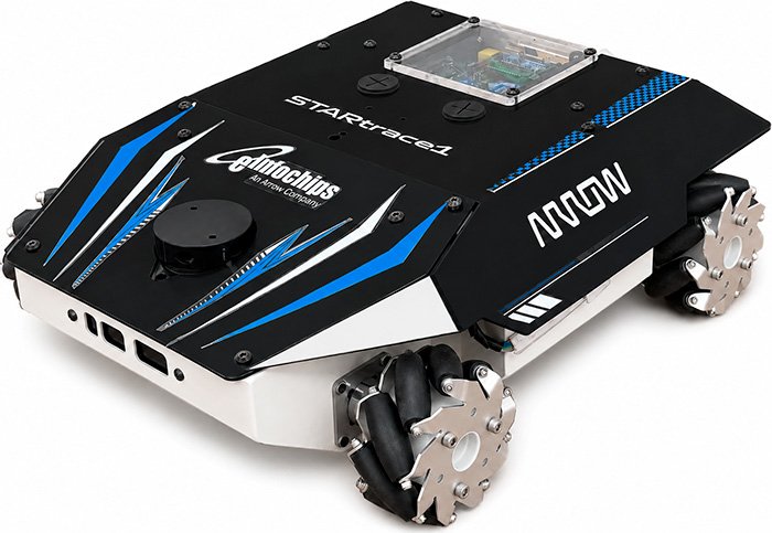 A compact four-wheeled robot sits on a smooth indoor floor. 