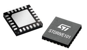 Close-up rendering of a black ST microchip shown from two angles. 
