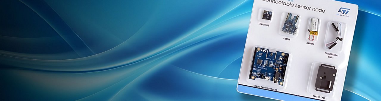 A display featuring a connectable sensor node with various components, including a circuit board, sensors, and cables.