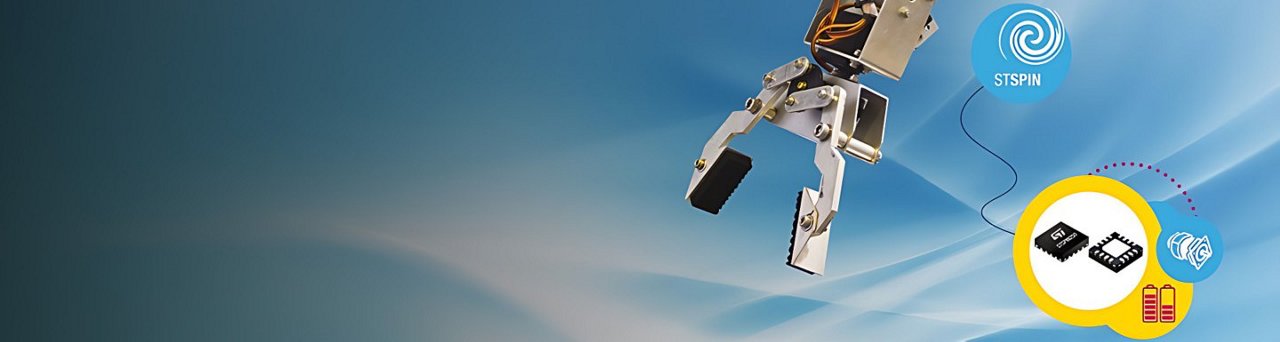 A robotic arm is shown against a gradient blue background, holding black components.