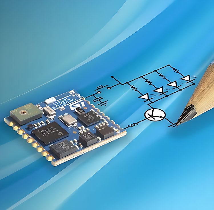 A close-up view of a microchip circuit board placed on a blue background.