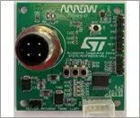 A green printed circuit board features the STMicroelectronics logo and the word 'ARROW' clearly visible at the top. The board includes various electronic components, connectors, and visible pins.