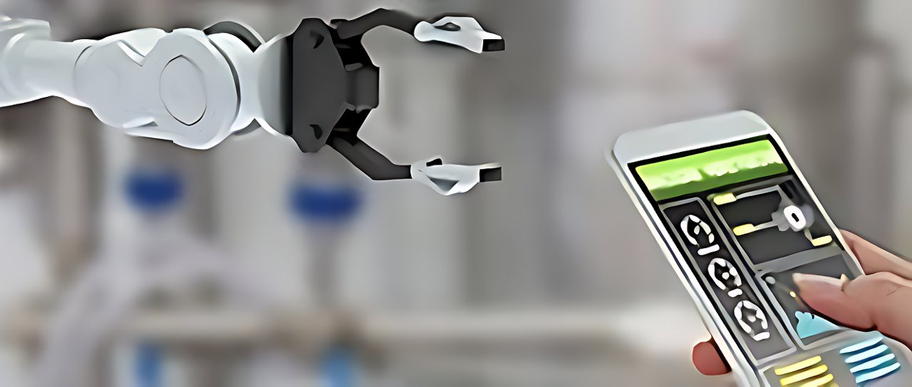 Un bras robotique est montré en gros plan, contrôlé via une interface de smartphone.