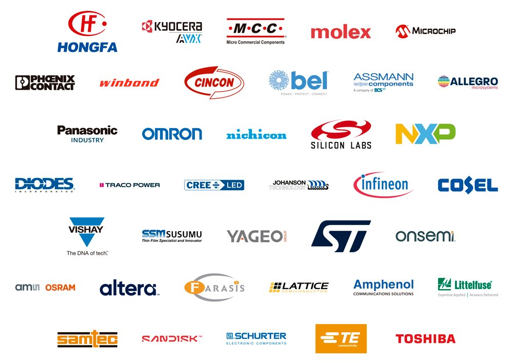 A grid layout displays multiple electronic component manufacturer logos, each clearly labeled with the company name. 