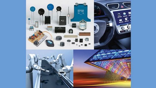 Un collage que muestra varios componentes electrónicos, incluidos capacitores y placas de circuito, junto a un tablero automotriz con una interfaz digital.