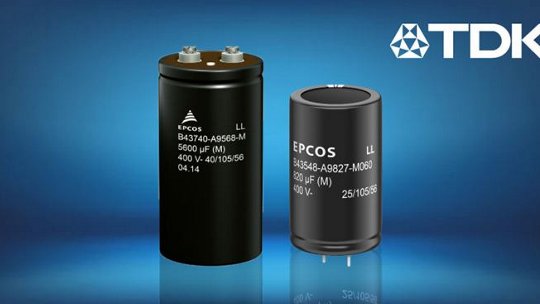 Dos condensadores TDK EPCOS se muestran sobre un fondo degradado azul.
