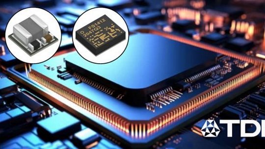 Close-up of a microchip surrounded by glowing circuitry, showcasing TDK electronic components.