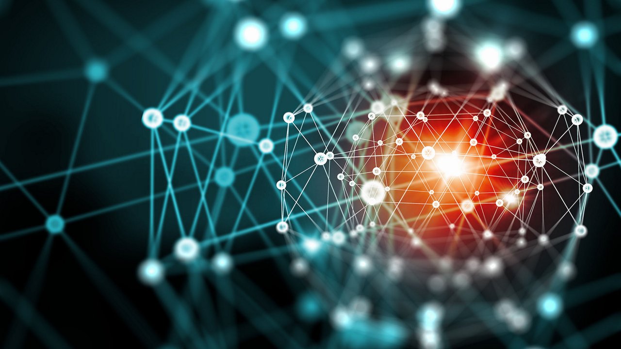 Abstract network of interconnected points and lines, creating a complex, 3D web pattern.