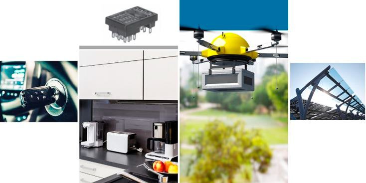 A yellow drone carrying a package is shown flying outdoors in a park-like setting