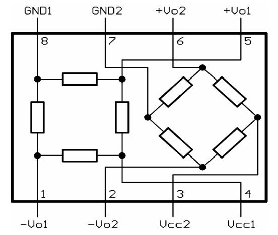 A detailed schematic of an electrical circuit featuring labeled pins and connections