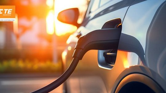 A close-up view of an electric car plugged into a charging station during sunset. The scene features warm lighting and a modern vehicle design. The TE logo is visible in the upper-left corner, adding a branded element to the image.