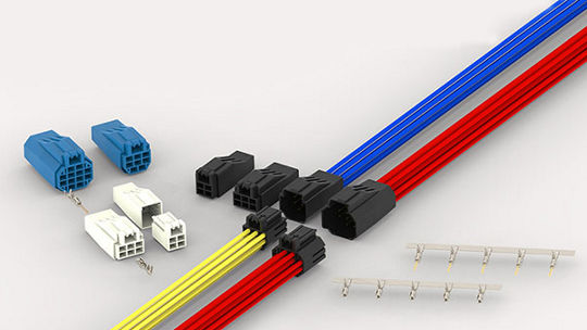 A set of electrical connectors and wires displayed on a neutral background. The wires are color-coded in red, yellow, and blue, paired with black and white connectors.