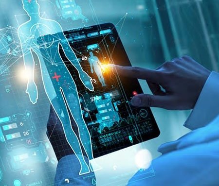A futuristic digital interface displays human anatomy and medical data on a touchscreen device.