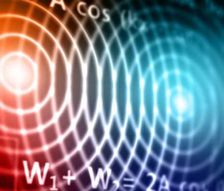 An abstract visualization of wave interference patterns in vibrant red and blue hues. 