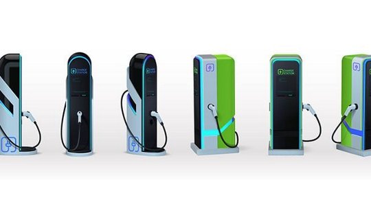 A lineup of six electric vehicle charging stations showcasing sleek and contemporary designs. 