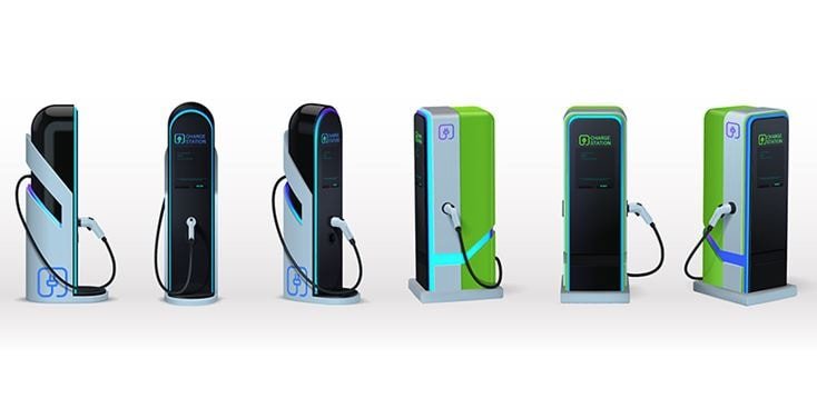 A lineup of six electric vehicle charging stations showcasing sleek and contemporary designs. 