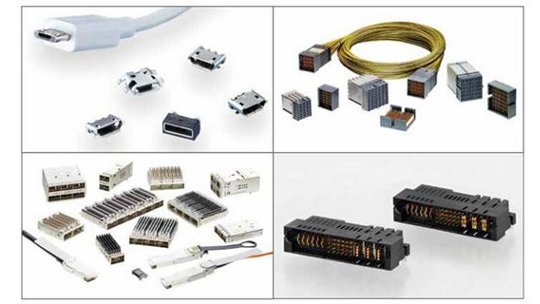 Connettori e cavi elettronici assortiti, inclusi piccoli connettori, cablaggi e vari morsetti terminali.