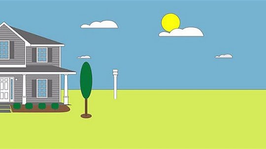 A simple illustration of a two-story suburban house with gray siding and white trim. The setting features a bright sunny day with a clear blue sky, scattered clouds, and a vibrant green lawn. 