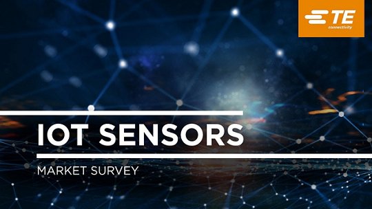 A digital graphic showcasing IoT sensors with a futuristic network visualization. The text 'IoT Sensors Market Survey' is prominently displayed alongside the unmistakable TE Connectivity logo. 