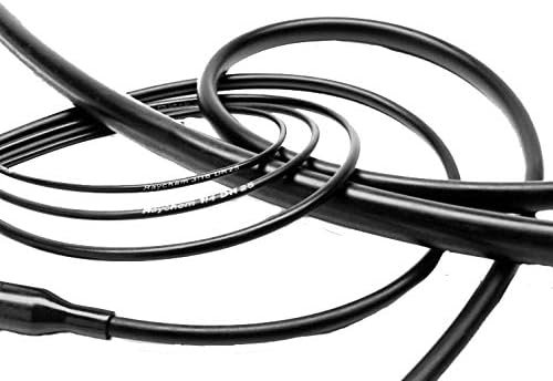 A close-up image of a coiled black cable with visible text printed on its surface.