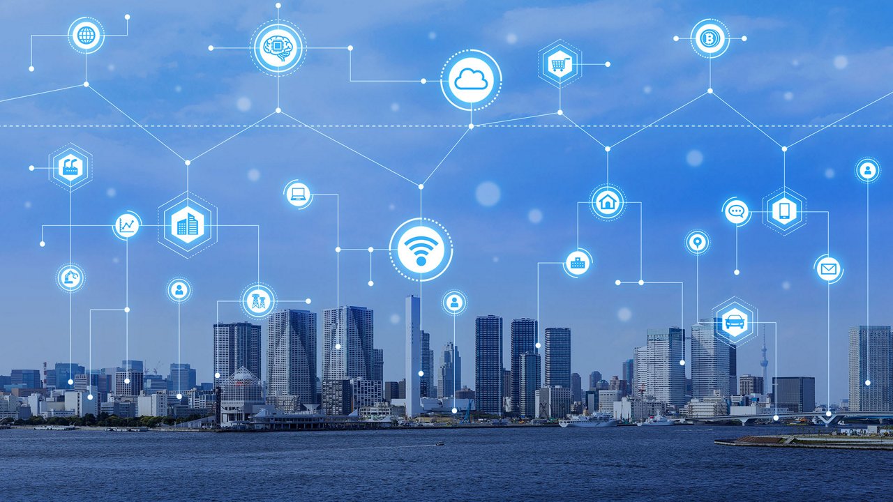 Connected network of icons overlaid on a cityscape, representing technology and connectivity.