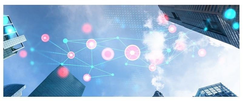 Digital network overlay on skyscrapers symbolizing connectivity and technology