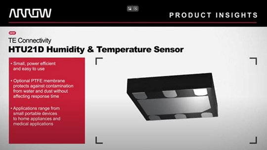 3D model of a HTU21D humidity and temperature sensor, highlighting its small size, power efficiency, and optional protective PTFE membrane.