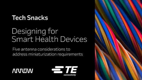 A promotional graphic highlighting antenna considerations for smart health devices. The image features colorful wires on the right and overlay text discussing miniaturization requirements.