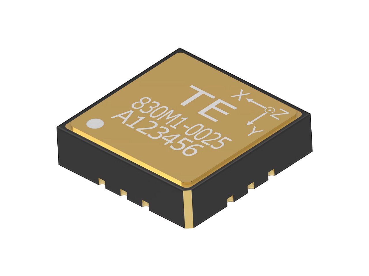 Isometric illustration of a small square electronic component with a gold top surface and black sides