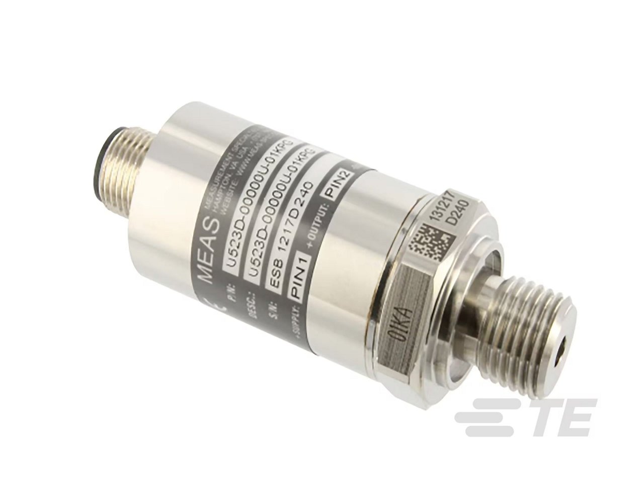 A cylindrical industrial pressure sensor is shown in closeup against a plain white background