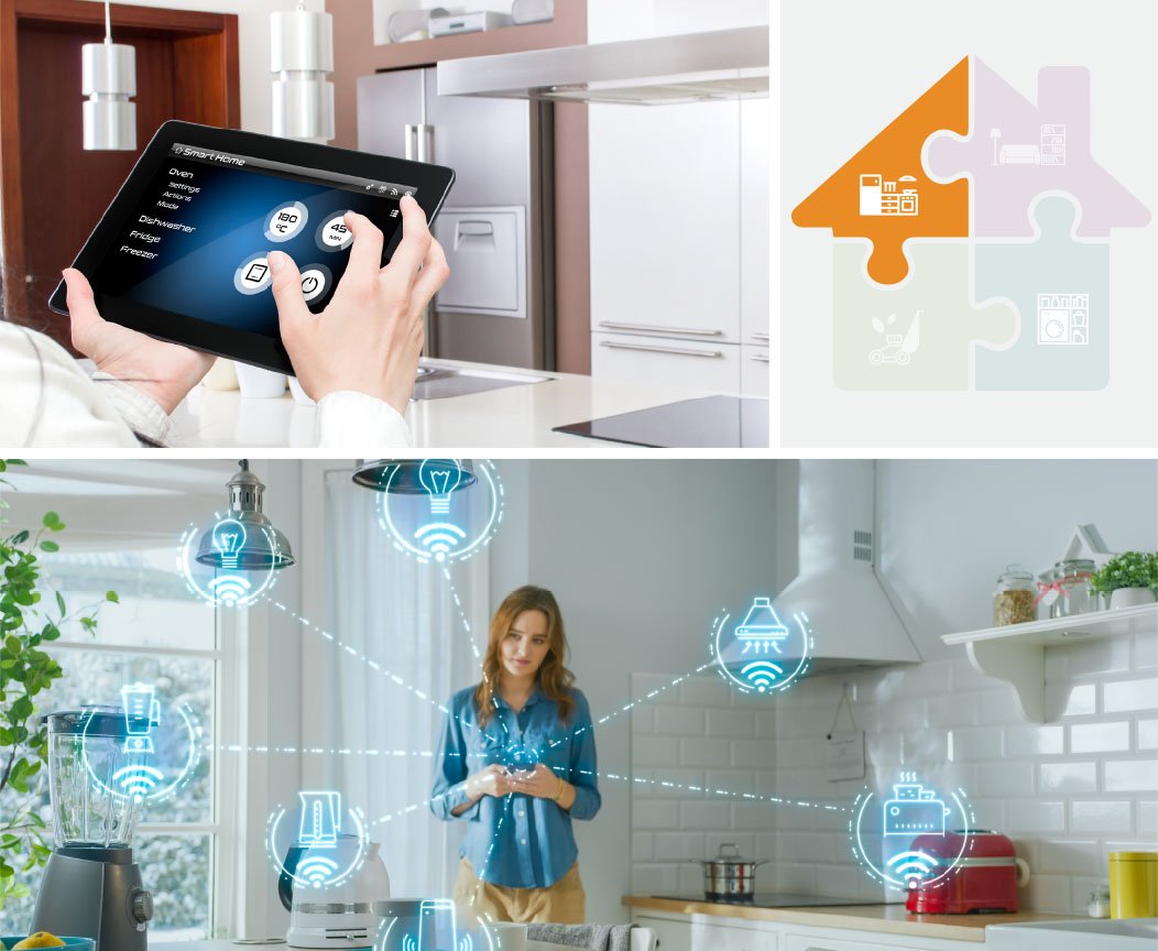 A person interacts with a smart home control interface on a tablet in a sleek, modern kitchen setting. PDF Cover