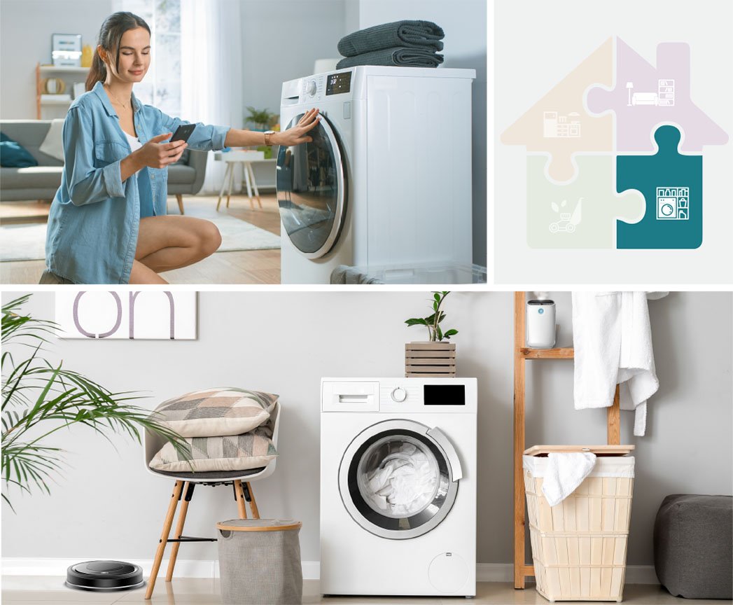 A sleek washing machine is featured in a bright, contemporary home environment. The top image shows a person interacting with the appliance.