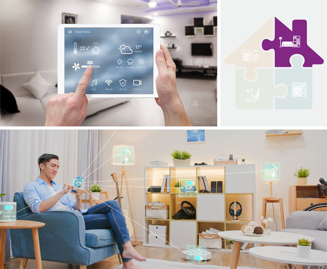 A modern smart home setup showcasing a tablet interface controlling various features such as temperature, lighting, and security. The living room is equipped with connected devices, including speakers and smart sensors. 