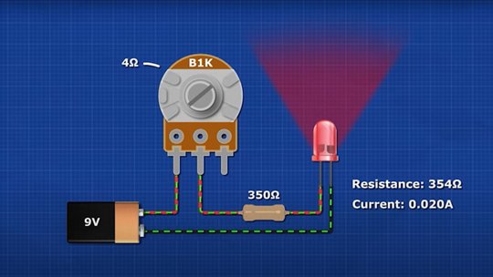 Illustration of an electrical circuit featuring a red LED, a potentiometer labeled 'B1K', and a resistor marked '350Ω'. 