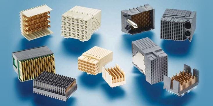 Various electronic connectors on blue background