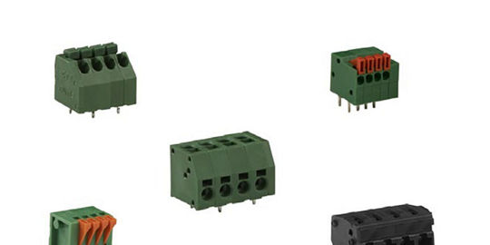 A collection of six electrical terminal block connectors in various colors and designs. 