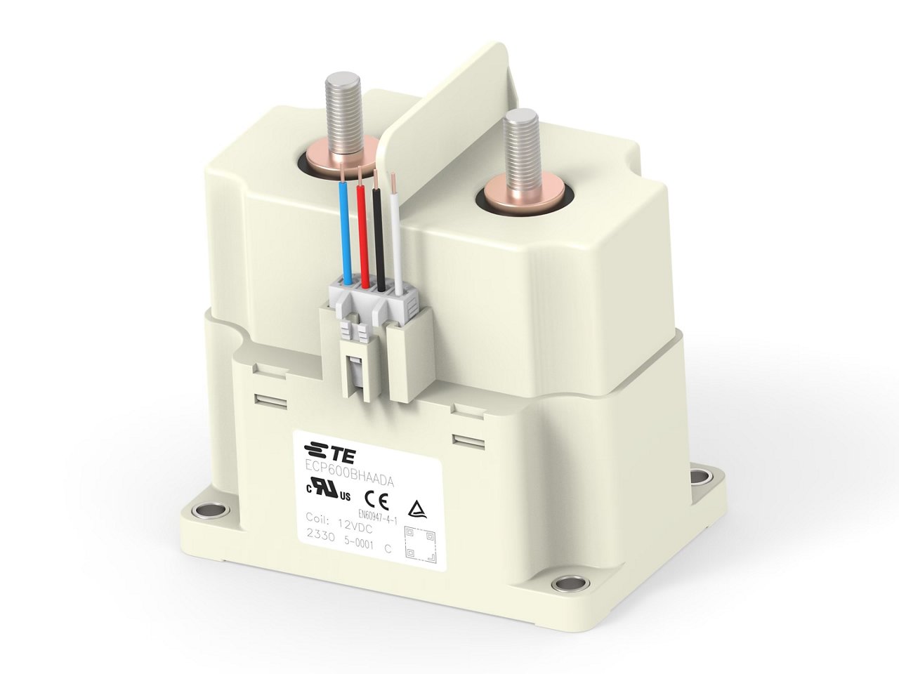 A TE Connectivity high voltage relay is shown in a studio setting. The device features two large threaded terminals, multiple colored wires, and a white housing. The label displays technical specifications including '12VDC', '2330', and certification marks. 