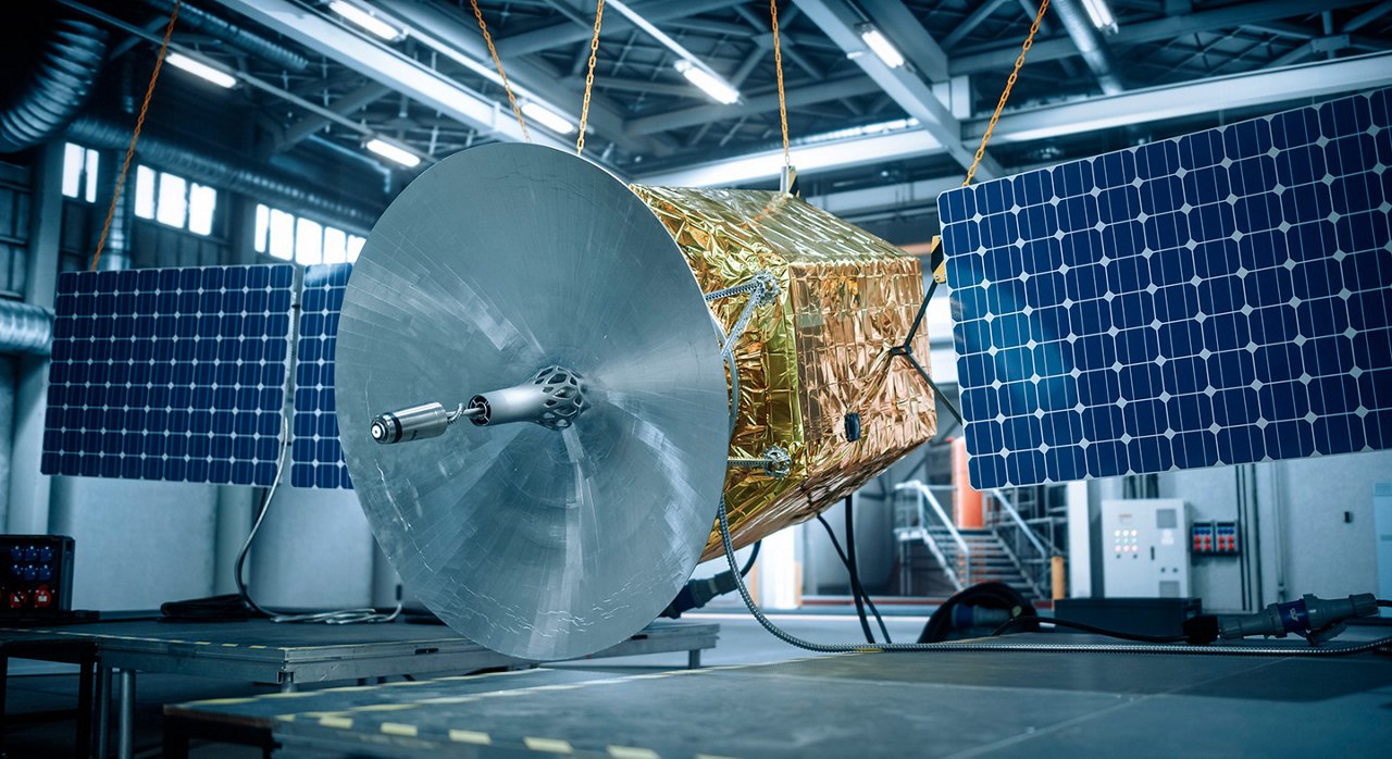 Un gran satélite cilíndrico envuelto en lámina dorada reflectante está suspendido dentro de una instalación industrial.