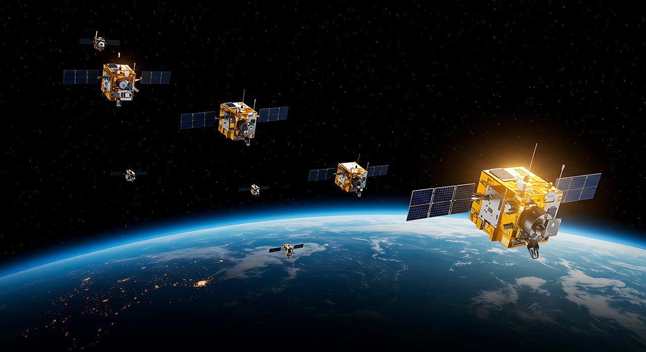 Una formación de múltiples satélites con forma de cubo orbita a gran altura sobre la Tierra.