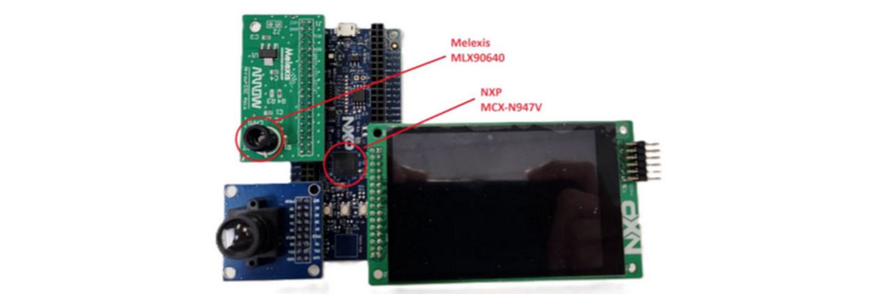 Close-up of an NXP MCU-NH3FV development board featuring a Melexis MLX90640 sensor and an integrated display. 