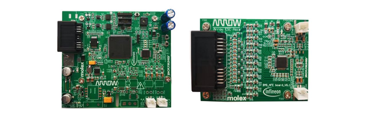 Two green circuit boards featuring intricate electronic components, connectors, and capacitors.