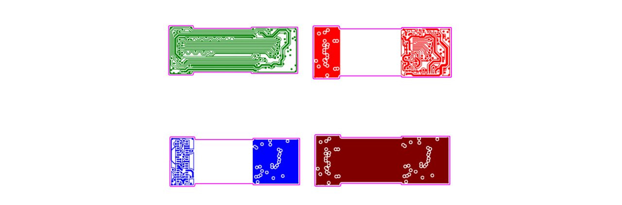 Four rectangular panels display intricate circuit board designs in green, red, blue, and maroon.