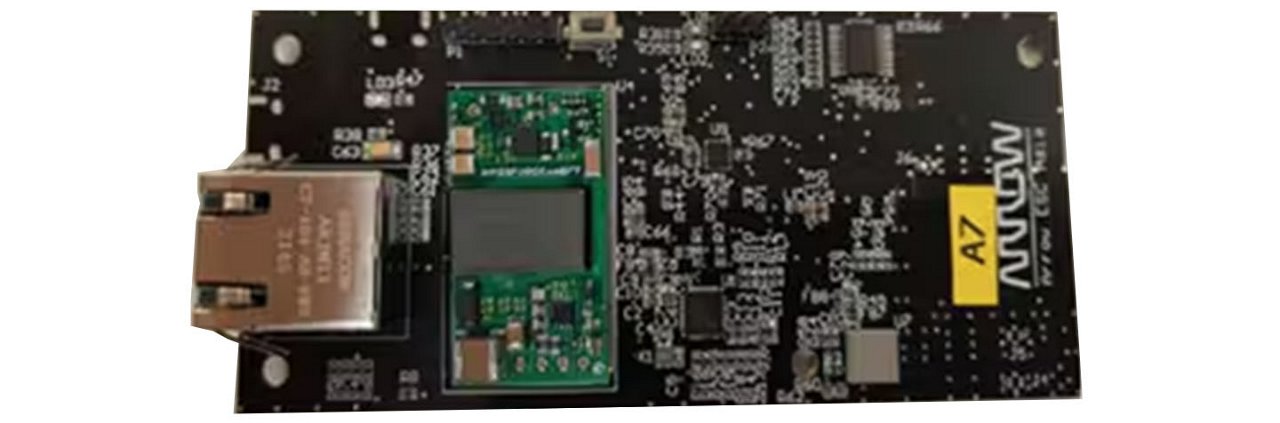 Close-up of an Arrow A7 development board featuring an Ethernet port and integrated circuits.