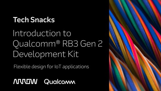Graphique promotionnel pour une session technique intitulée 'Introduction au kit de développement Qualcomm RB3 Gen 2.' L'image présente un texte clair sur un fond noir, avec des fils ou câbles colorés sur le côté droit, évoquant la technologie et la connectivité.