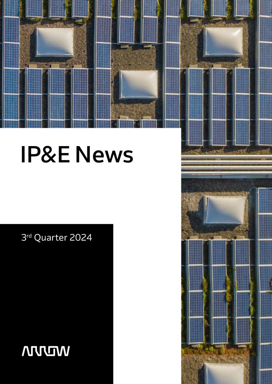The cover features the title 'IP&E News' and highlights the 3rd Quarter 2024 edition. The background shows an aerial view of solar panels arranged in rows, with rooftop structures visible.