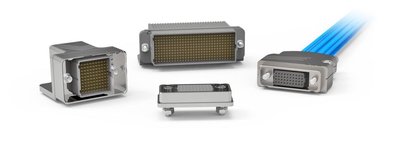 Image showing several rectangular multi-pin electrical connectors arranged on a transparent checkerboard background. The connectors feature metallic housings and dense pin arrays, with one connector attached to a blue cable bundle suggesting data or power transmission. Different mounting styles and sizes are displayed, highlighting versatility for industrial or electronic applications. The overall presentation is clean and technical, emphasizing precision-engineered hardware components.