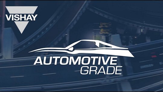 The image prominently features the Vishay logo alongside the text 'Automotive Grade' over a stylized car silhouette. 