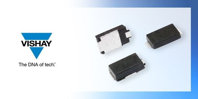 Three Vishay electronic components are displayed on a gradient blue and white background and the Vishay logo. 