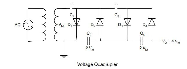 A schematic diagram illustrating a voltage quadrupler circuit. 